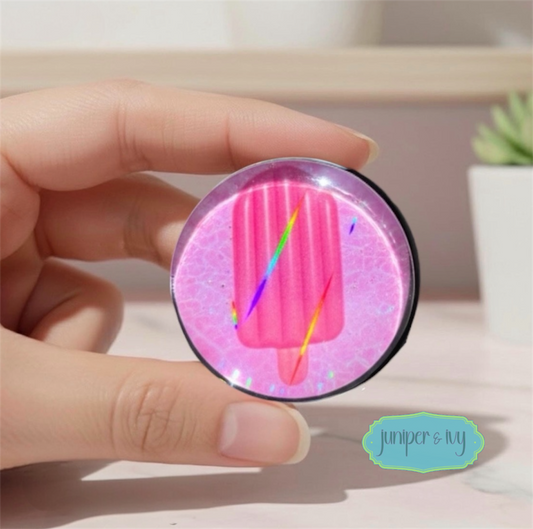 Pink popsicle floatie glass dome phone grip