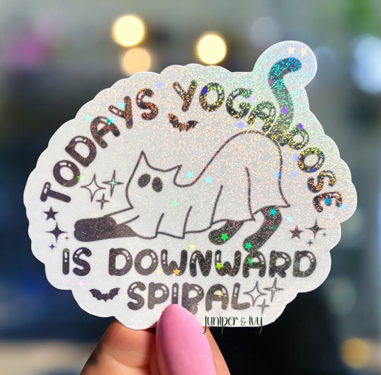 Downward Spiral Ghost Cat Sticker – Holographic Spooky Yoga Sticker, Funny Self Care Sticker