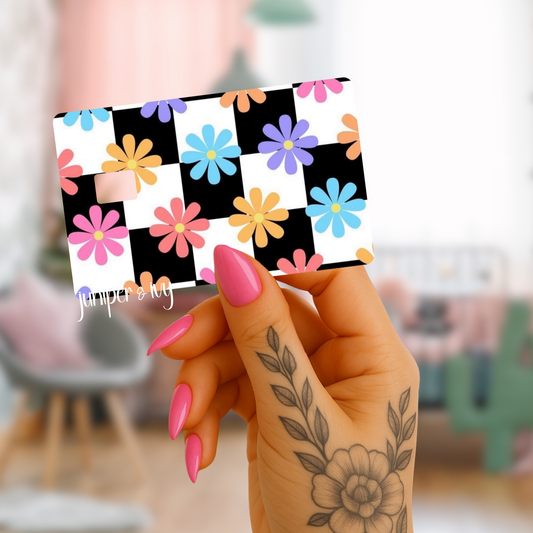 Retro checkered floral credit card skin