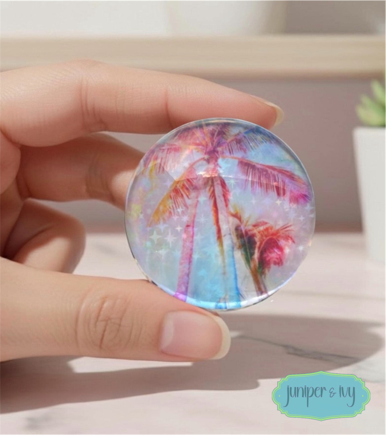 Tropical palm tree glass dome phone grip