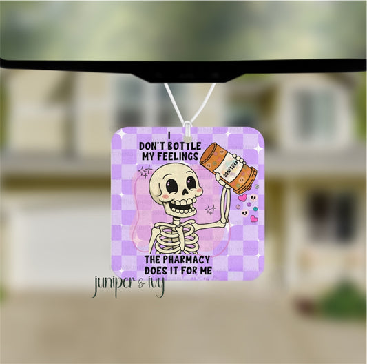 I don’t bottle my feelings, the pharmacy does air freshener - car freshie - scented - skeleton - spooky - pastel goth