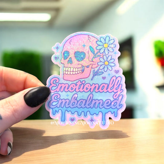 Emotionally Embalmed Holographic Sticker | Pastel Gothic Skull & Flowers | Glitter Vinyl Sticker | Spooky Cute Aesthetic Gift