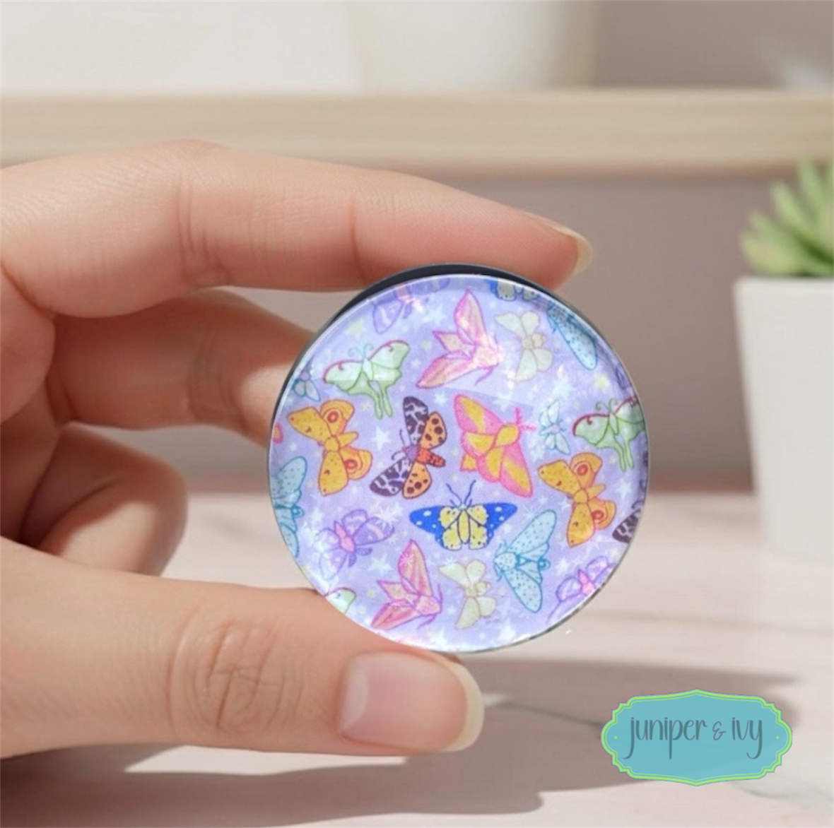 Pastel moth glass dome phone grip