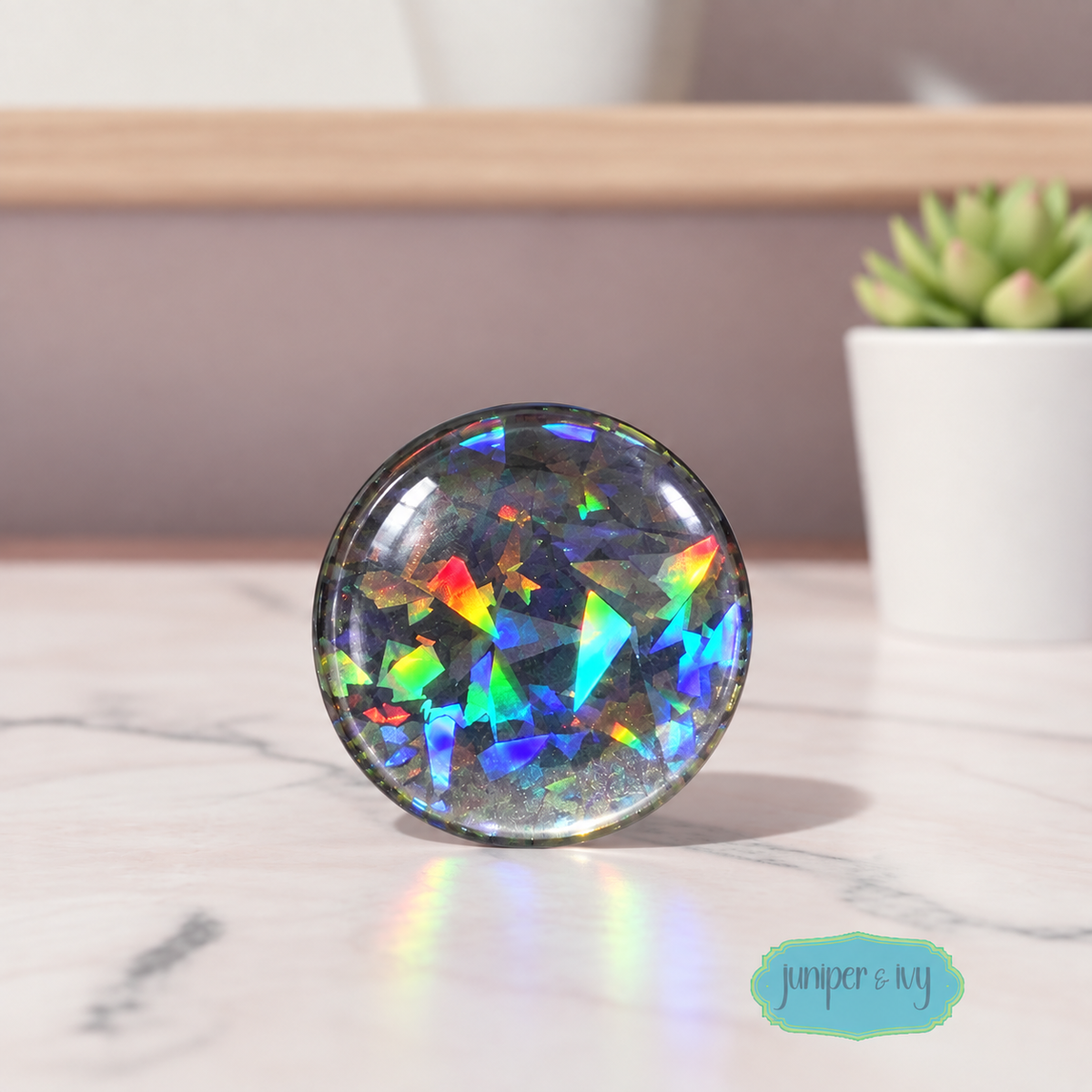 Black Shattered Holographic Glass Dome Phone Grip – Black Iridescent Glitter Phone Holder