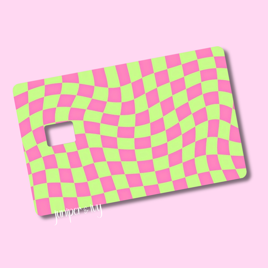 Pink and green checkered credit card skin