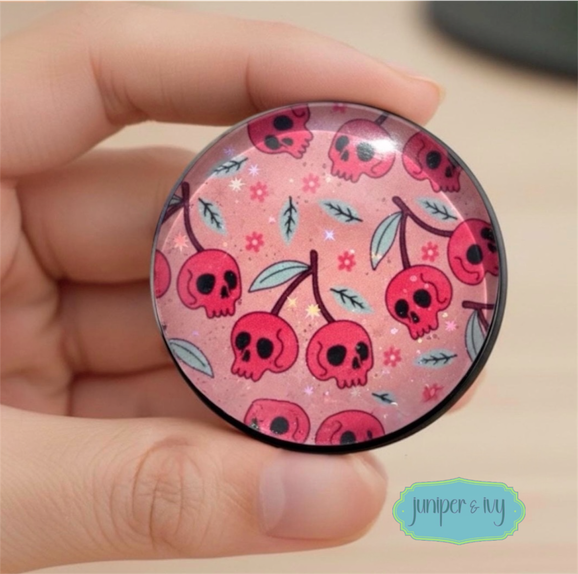 Cherry skull glass dome phone grip