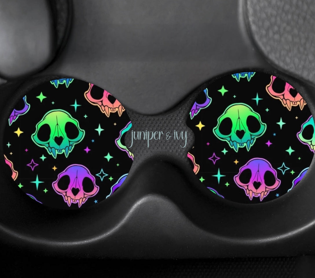 Neon cat skull car coasters