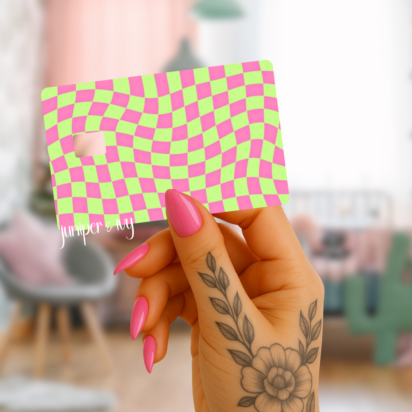 Pink and green checkered credit card skin