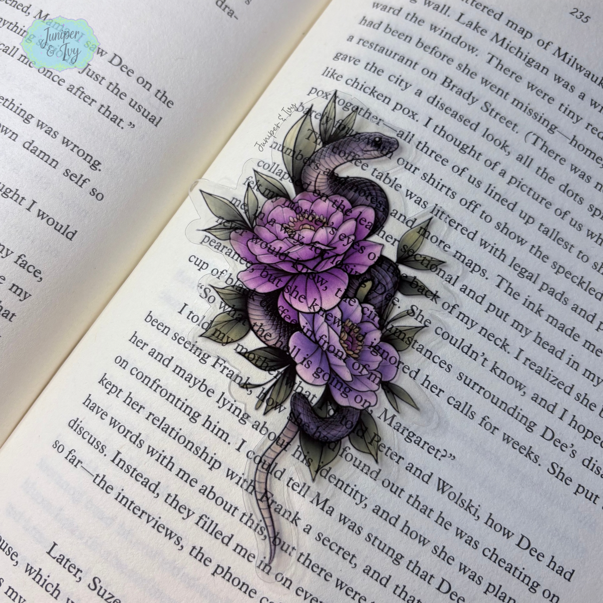 Purple floral snake transparent bookmark