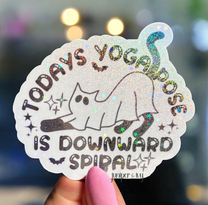 Downward Spiral Ghost Cat Sticker – Holographic Spooky Yoga Sticker, Funny Self Care Sticker