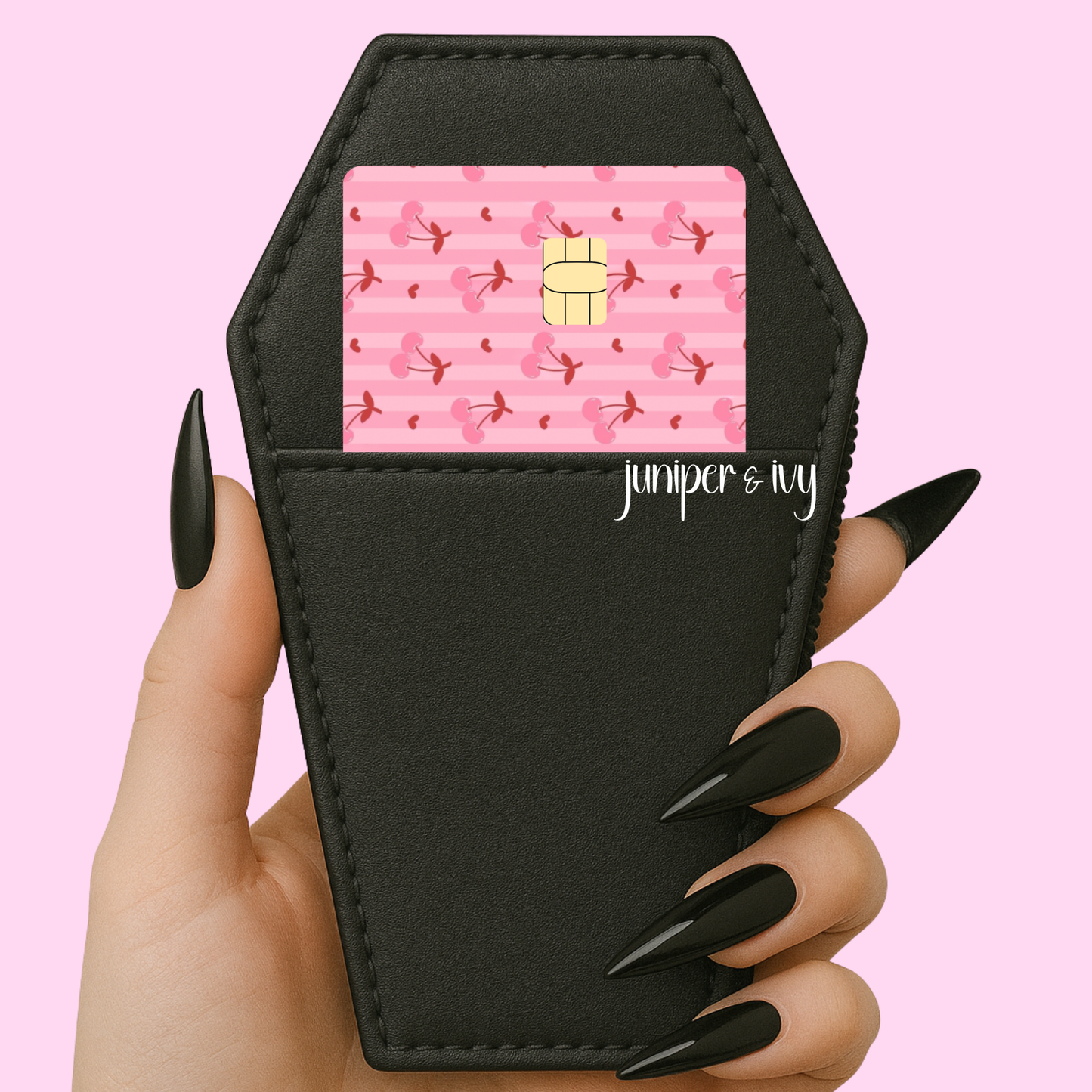 Pink striped cherry credit card skin