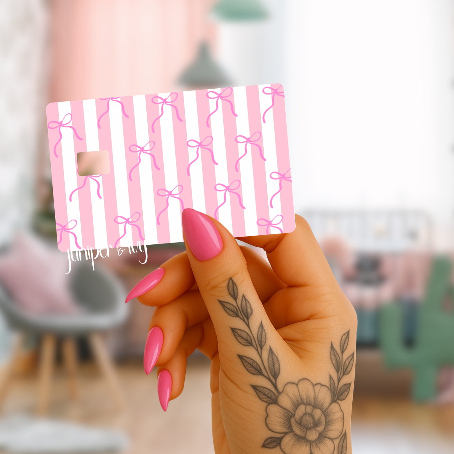 Pink bows and stripes credit card skin