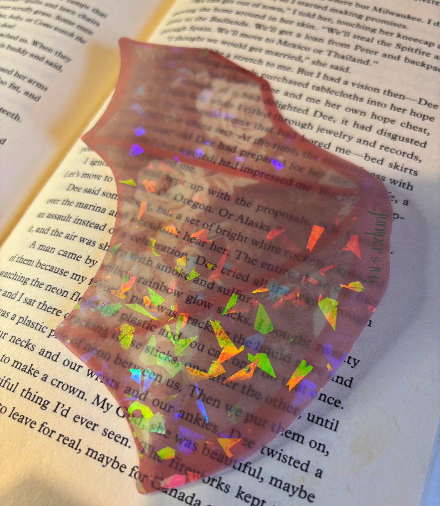 Holographic rainbow transparent pink floral batwing bookmark