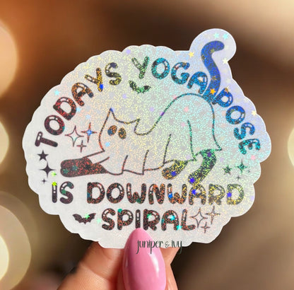 Downward Spiral Ghost Cat Sticker – Holographic Spooky Yoga Sticker, Funny Self Care Sticker
