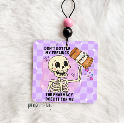 I don’t bottle my feelings, the pharmacy does air freshener - car freshie - scented - skeleton - spooky - pastel goth
