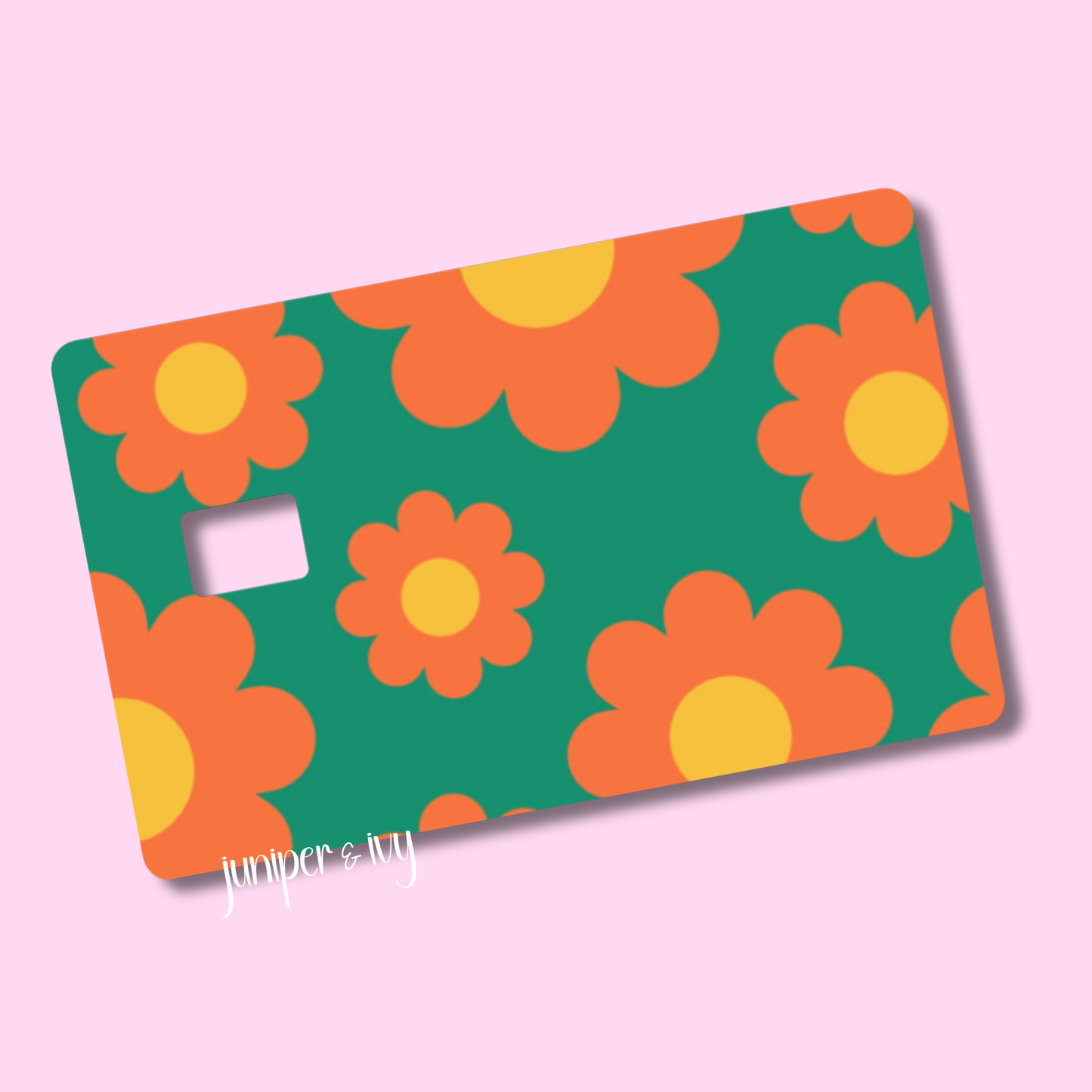 Orange and teal retro flower credit card skin out