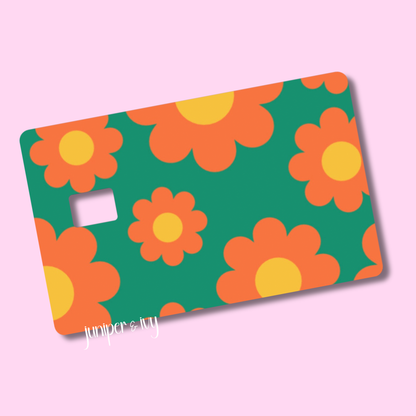 Orange and teal retro flower credit card skin out