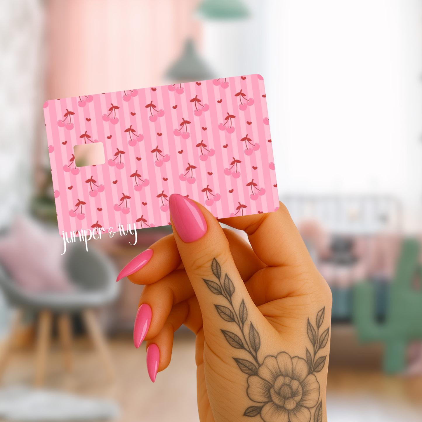 Pink striped cherry credit card skin