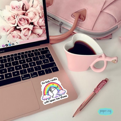 Go Kick Rocks With Open Toe Shoes Sticker – Funny Skeleton Rainbow Decal – Sarcastic Pastel Goth Waterproof Vinyl Sticker