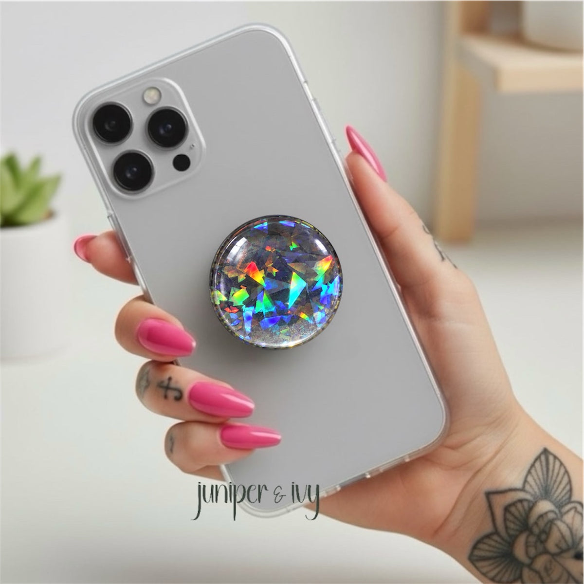 Black Shattered Holographic Glass Dome Phone Grip – Black Iridescent Glitter Phone Holder