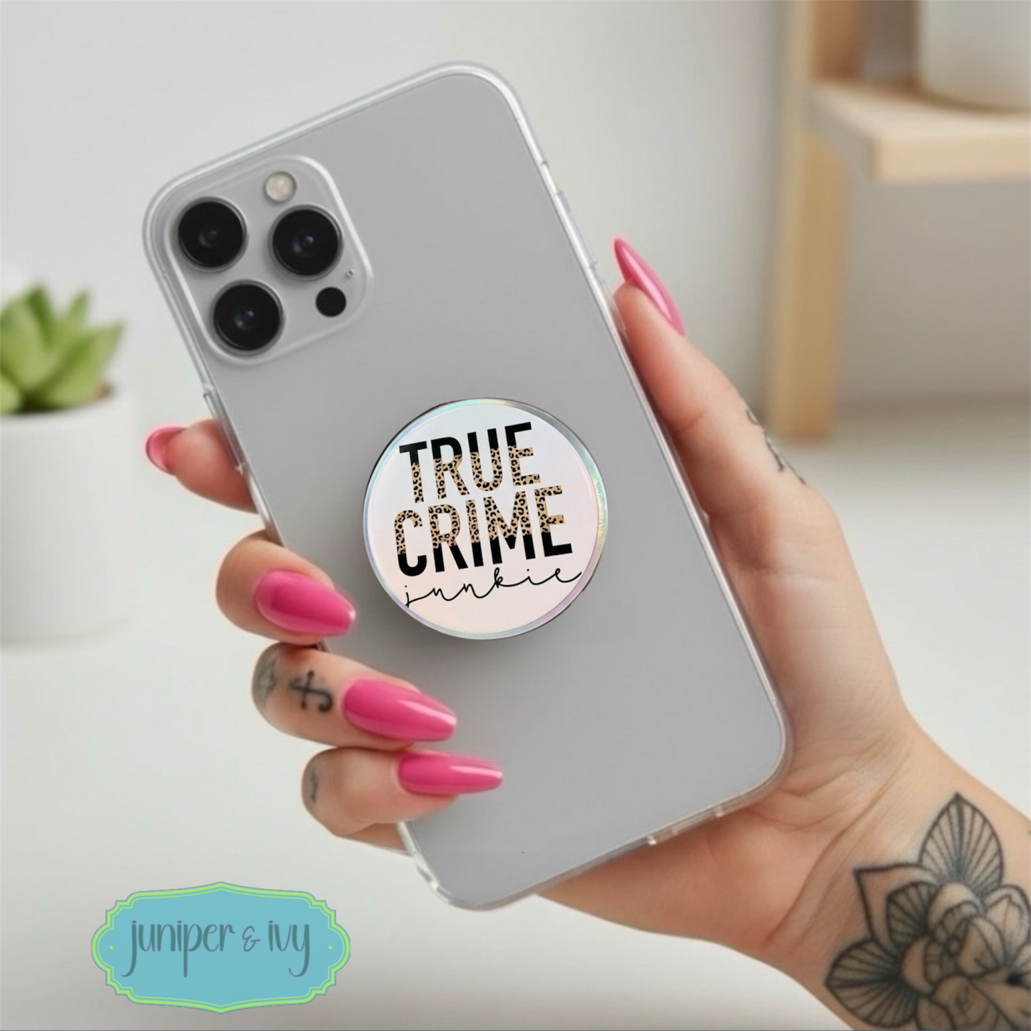 True crime junkie leopard print font glass dome phone grip