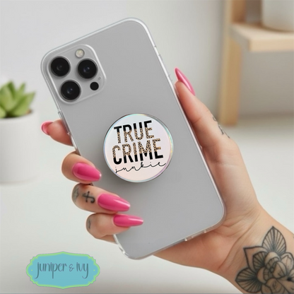 True crime junkie leopard print font glass dome phone grip