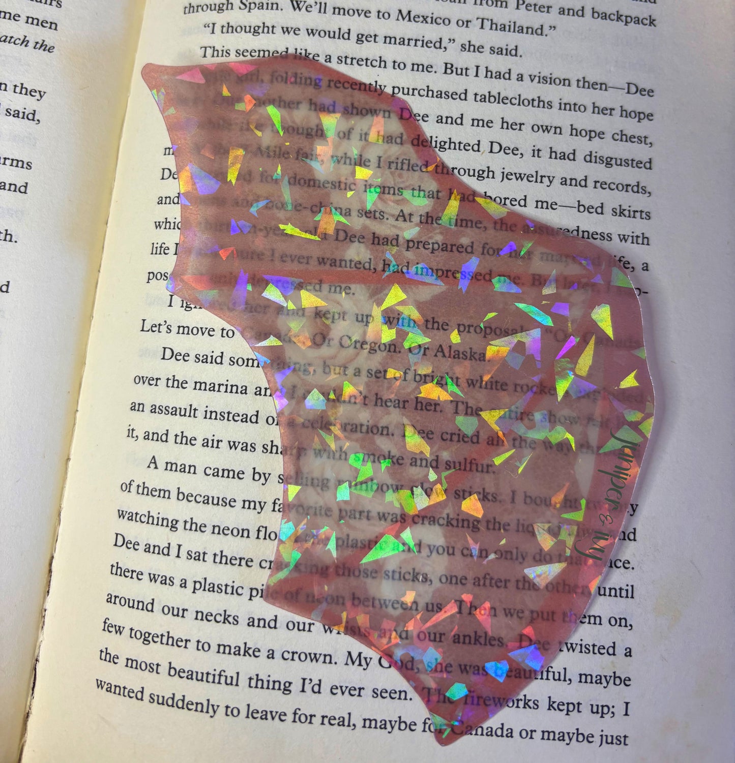 Holographic rainbow transparent pink floral batwing bookmark
