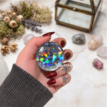 Black Shattered Holographic Glass Dome Phone Grip – Black Iridescent Glitter Phone Holder