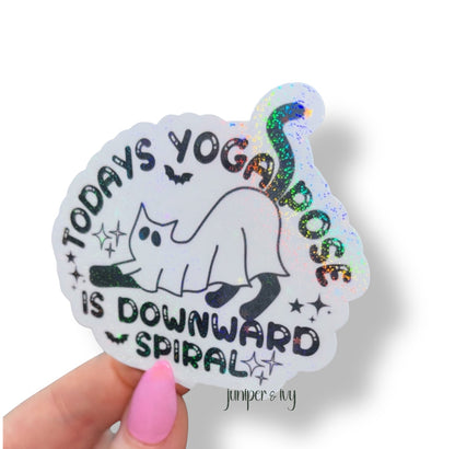Downward Spiral Ghost Cat Sticker – Holographic Spooky Yoga Sticker, Funny Self Care Sticker