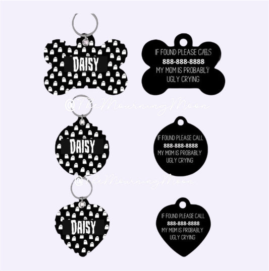 Black and white ghost pet ID tag