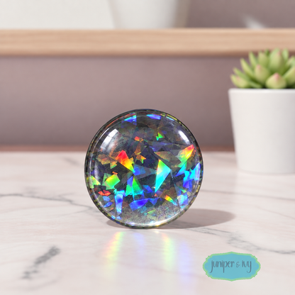 Black Shattered Holographic Glass Dome Phone Grip – Black Iridescent Glitter Phone Holder