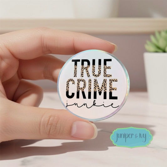True crime junkie leopard print font glass dome phone grip