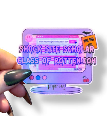 Shock Site Scholar Sticker – Internet Nostalgia Vinyl Sticker | Morbid Humor Pastel Goth Laptop Sticker