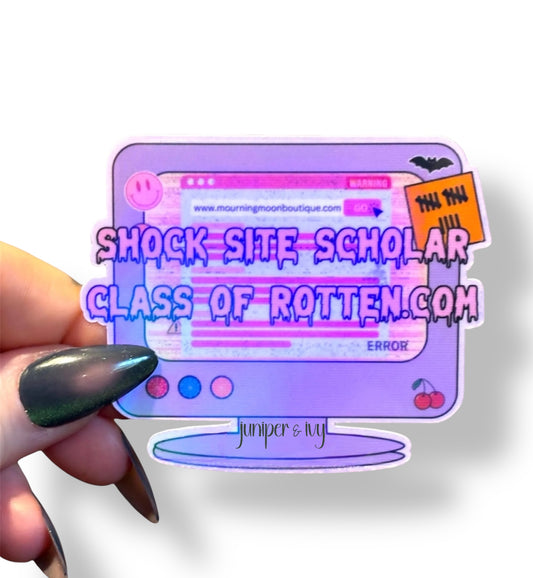 Shock Site Scholar Sticker – Internet Nostalgia Vinyl Sticker | Morbid Humor Pastel Goth Laptop Sticker