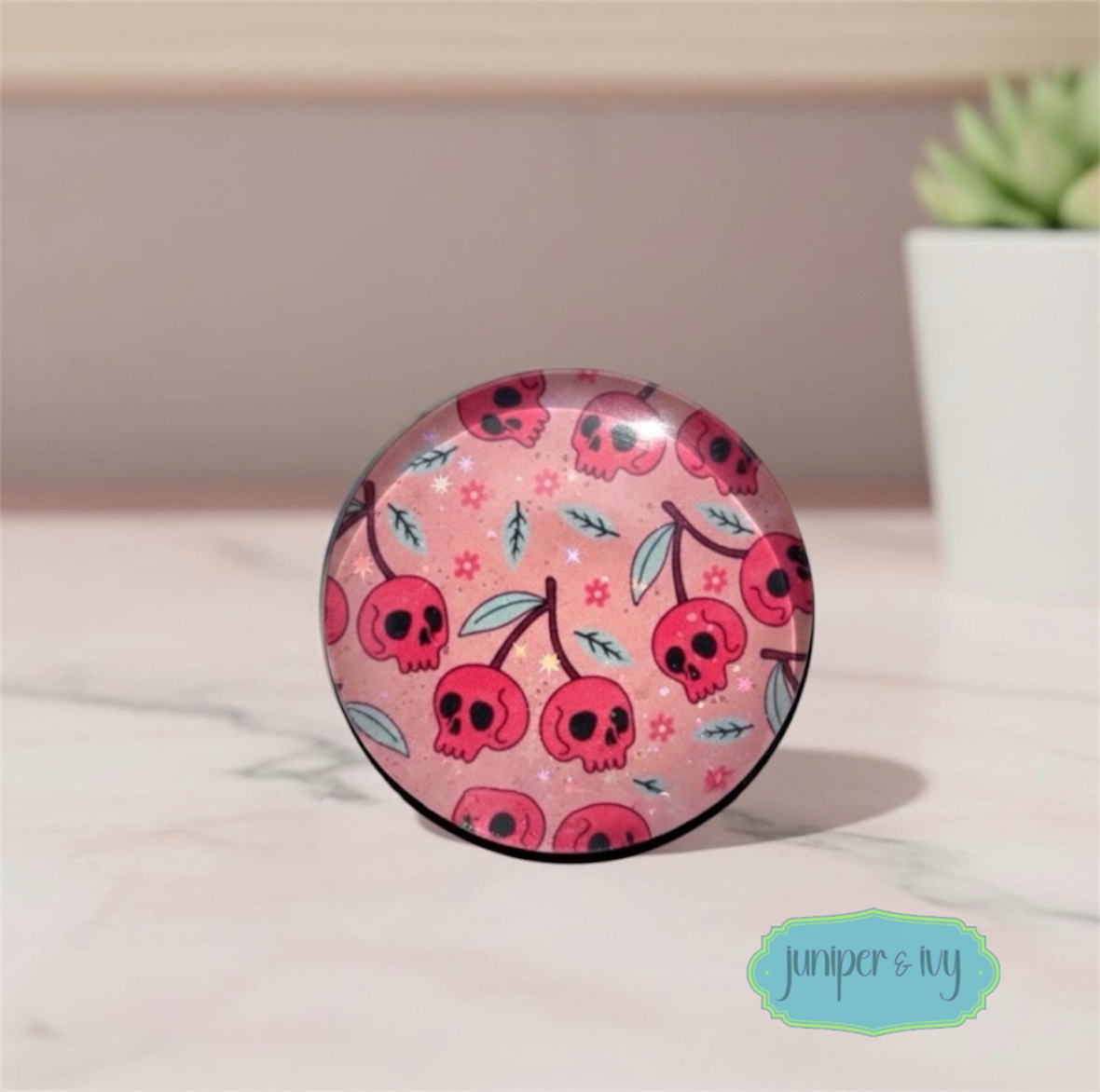 Cherry skull glass dome phone grip