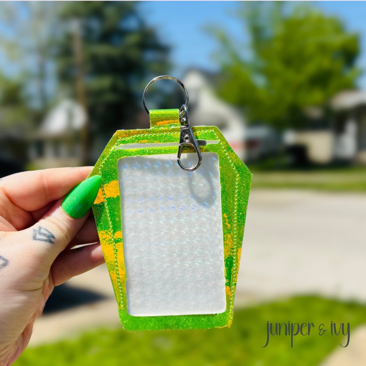 Green holo Coffin Clip Badge & Card Holder Keychain