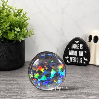 Black Shattered Holographic Glass Dome Phone Grip – Black Iridescent Glitter Phone Holder