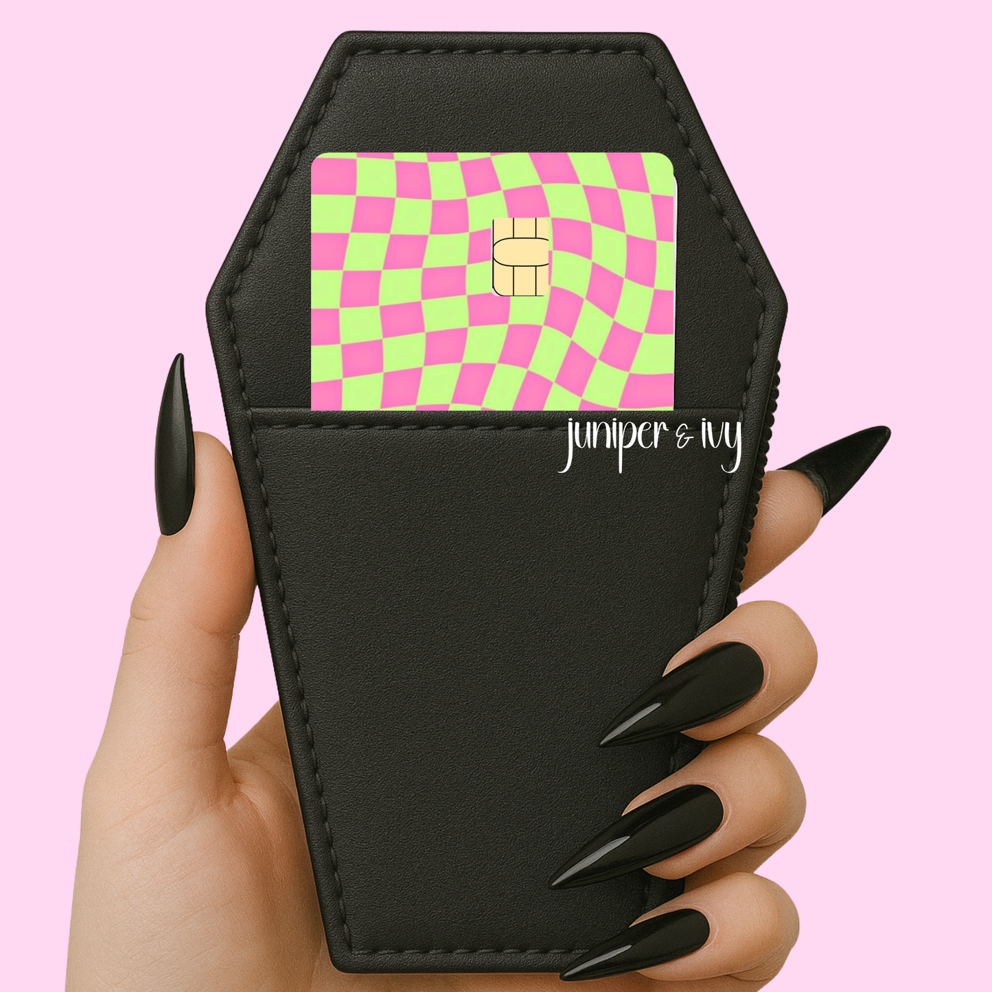 Pink and green checkered credit card skin