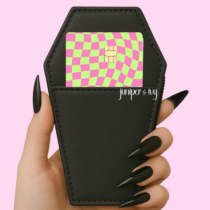 Pink and green checkered credit card skin