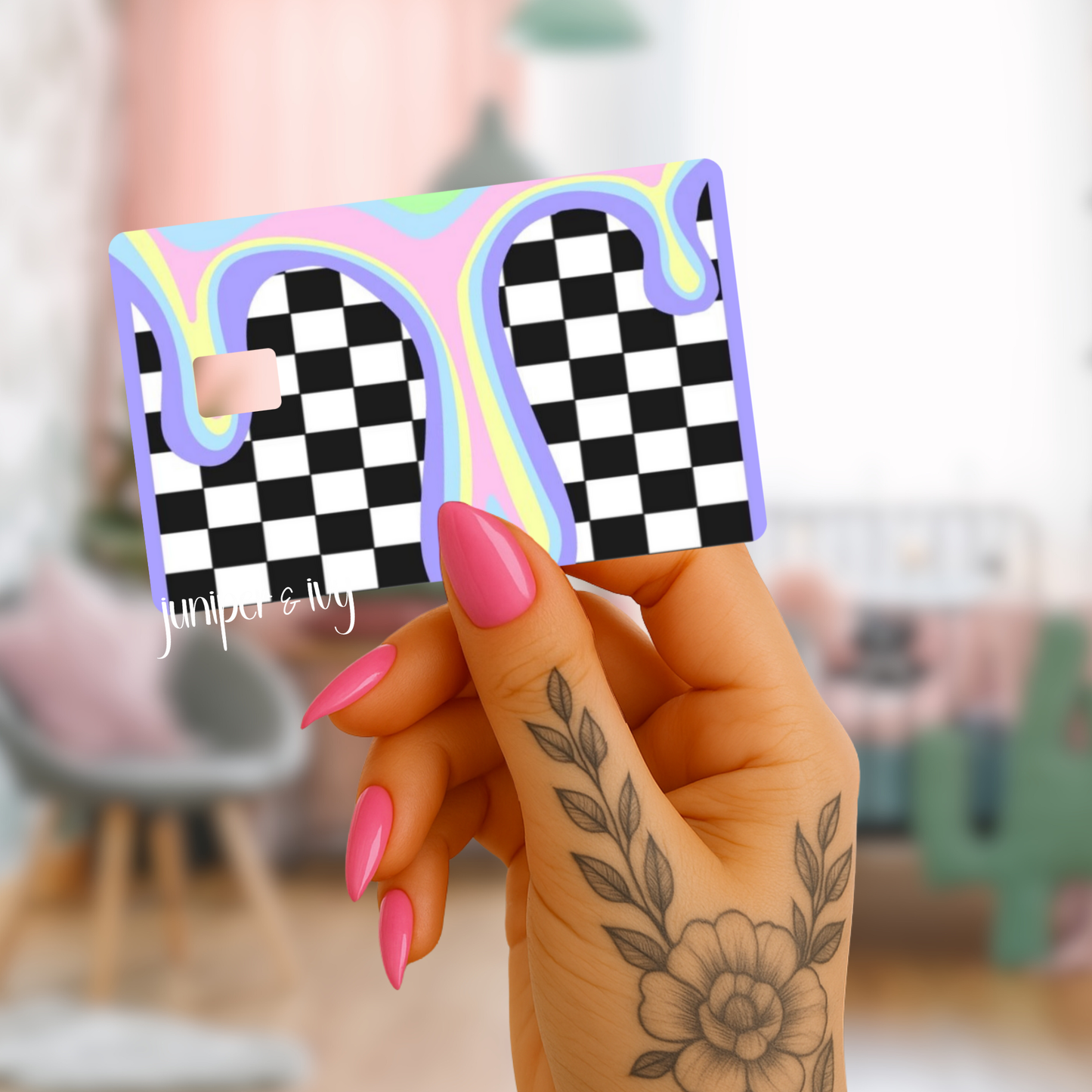 Rainbow drip checkered credit card skin