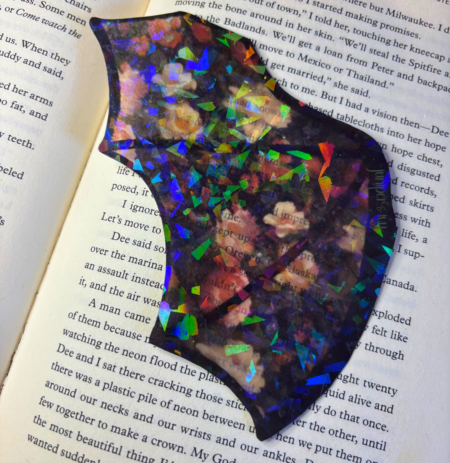 Holographic rainbow transparent floral batwing bookmark