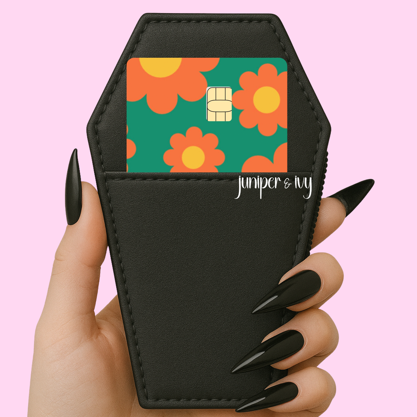 Orange and teal retro flower credit card skin out