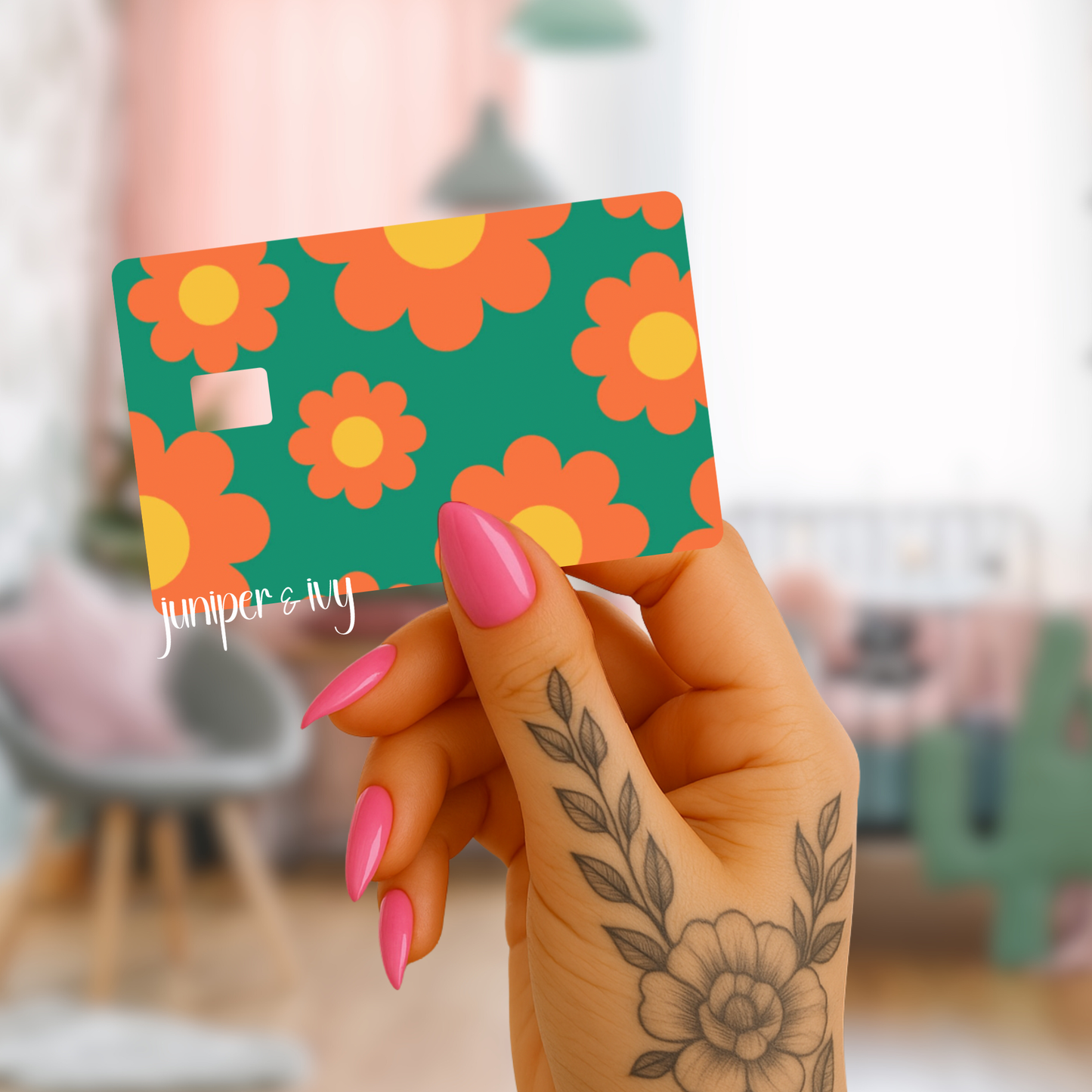 Orange and teal retro flower credit card skin out