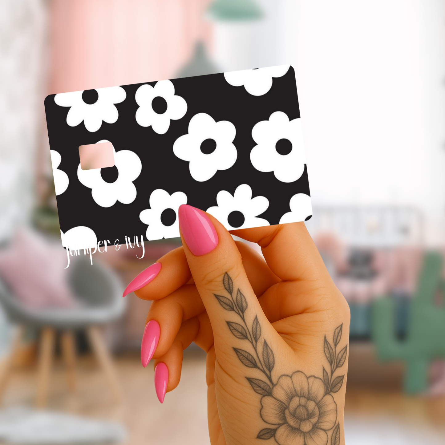Black and white retro floral credit card skin