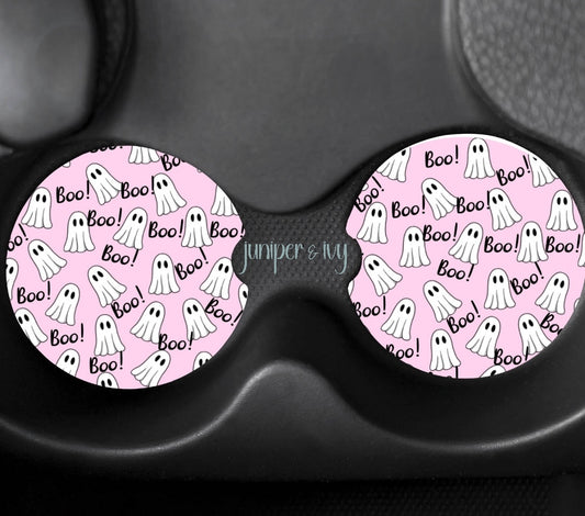 Pink ghost car coasters