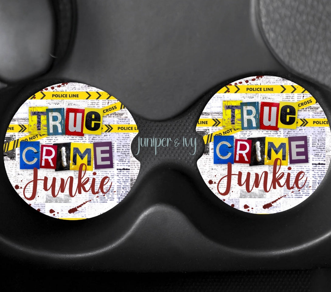 True crime junkie car coasters