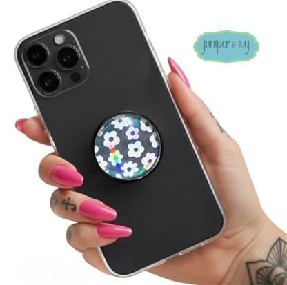 Black & white retro flower glass dome phone grip