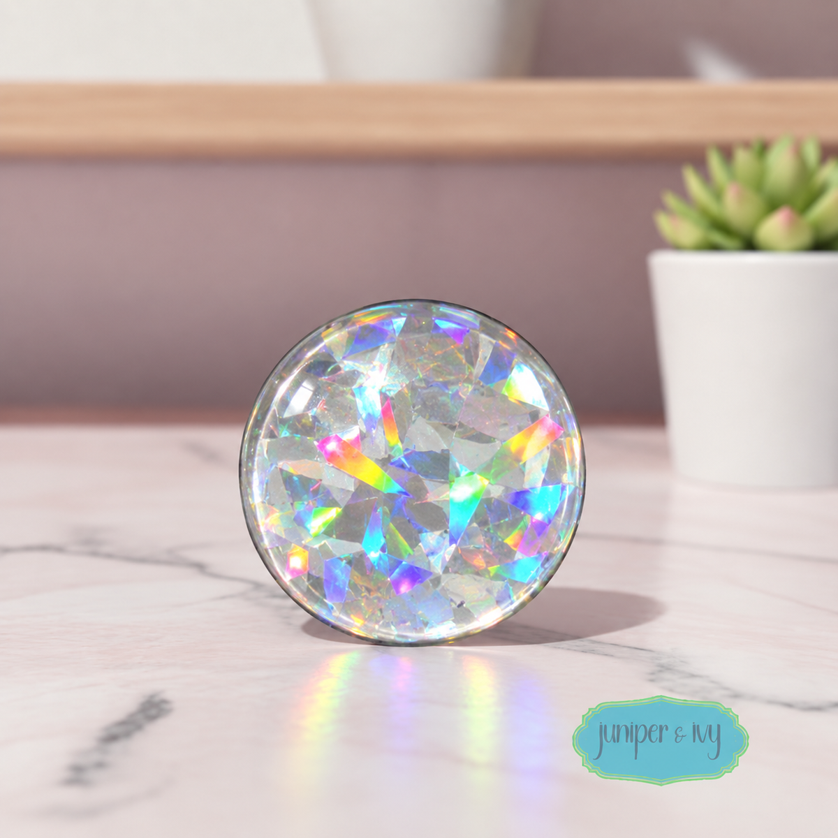 White/Silver Shattered Holographic Glass Dome Phone Grip – Iridescent Glitter Phone Holder