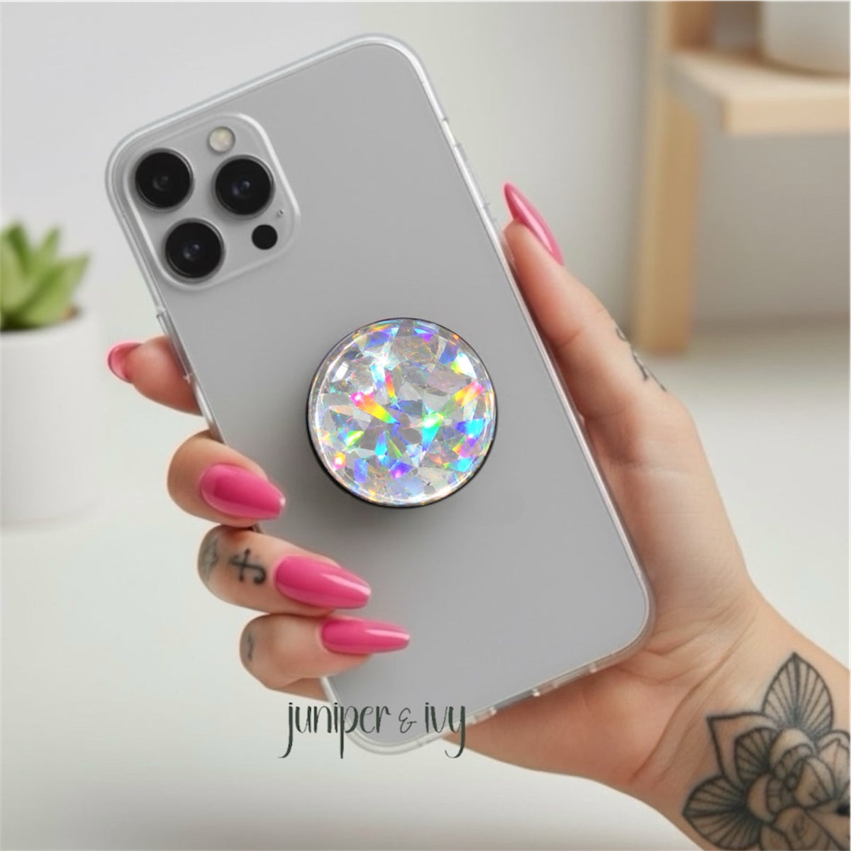 White/Silver Shattered Holographic Glass Dome Phone Grip – Iridescent Glitter Phone Holder