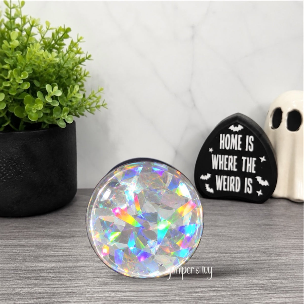 White/Silver Shattered Holographic Glass Dome Phone Grip – Iridescent Glitter Phone Holder
